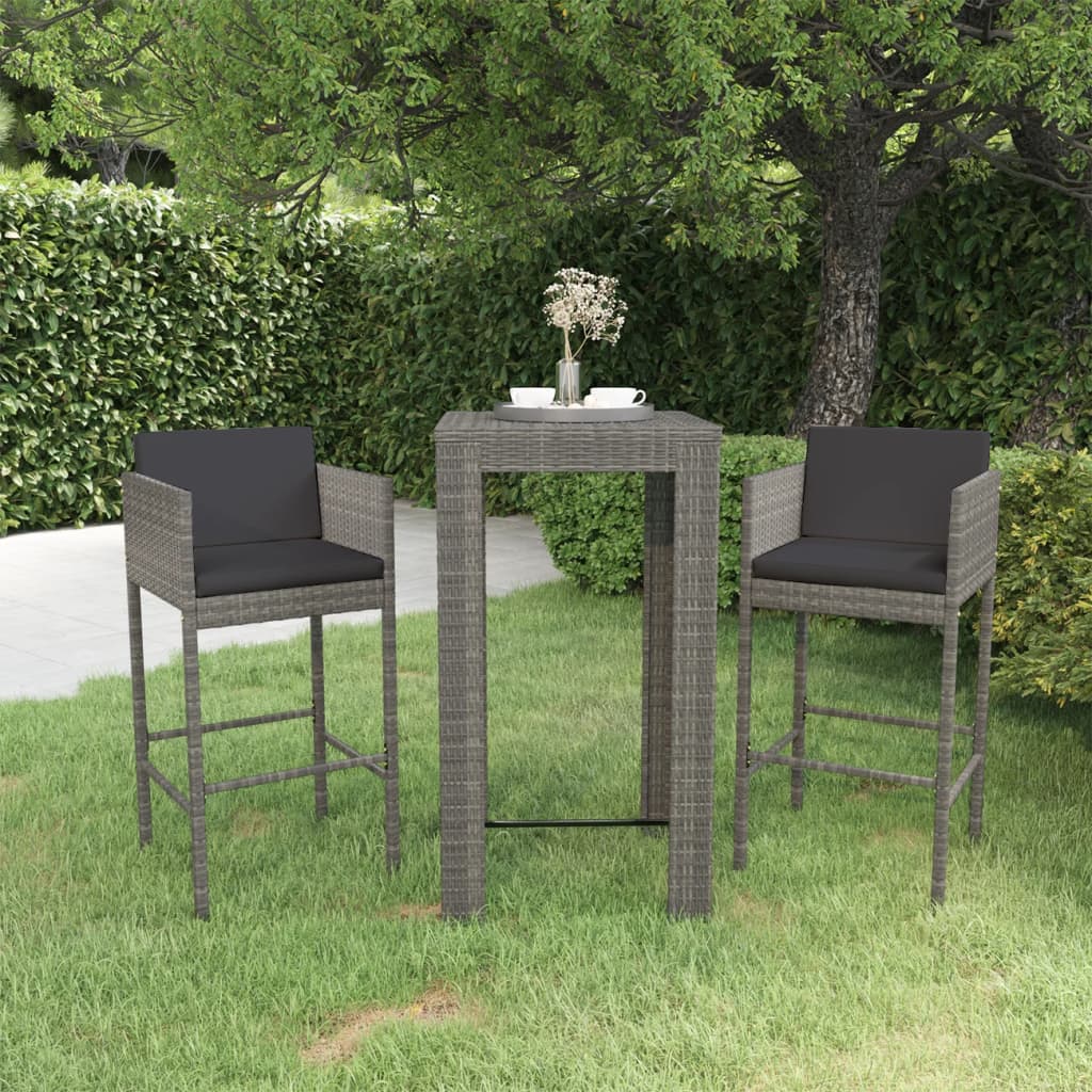 Set Bar da Giardino 3 pz con Cuscini in Polyrattan Grigio 3094779