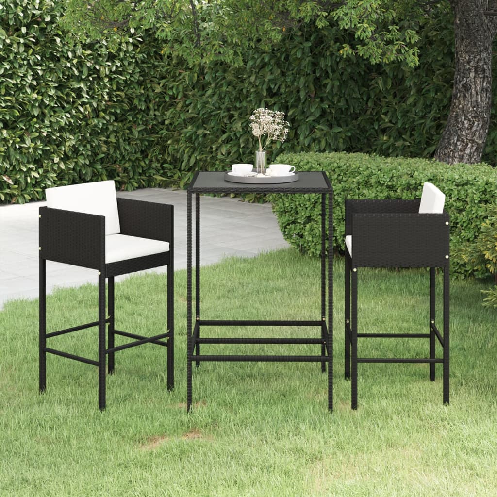 Set Bar da Giardino 3 pz con Cuscini Polyrattan Nero 3094787