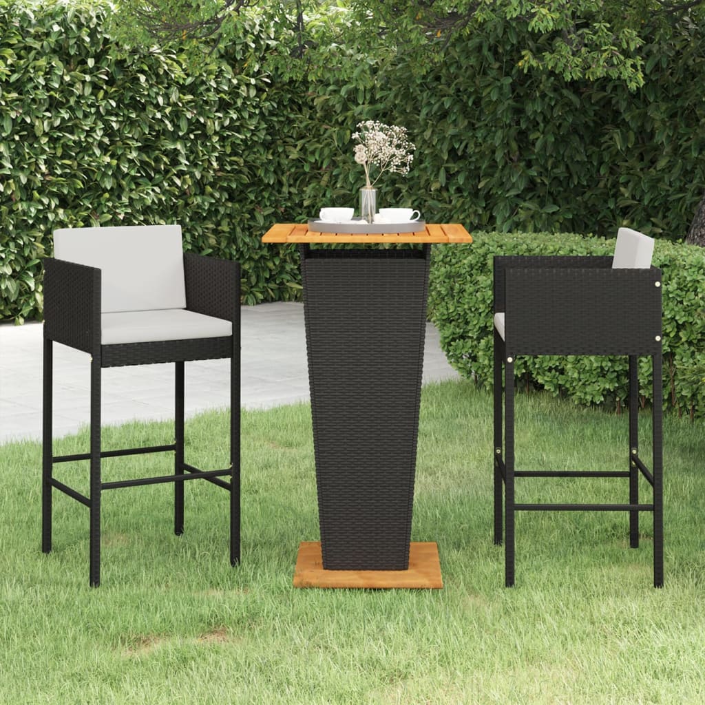 Set Bar da Giardino 3 pz con Cuscini Polyrattan Nero 3094798