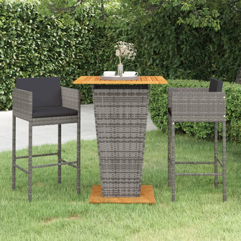 Set Bar da Giardino 3 pz con Cuscini in Polyrattan Grigio cod mxl 35343