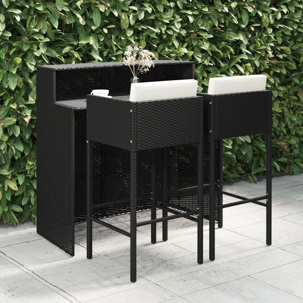 Set Bar da Giardino 3 pz con Cuscini Polyrattan Nero cod mxl 40772