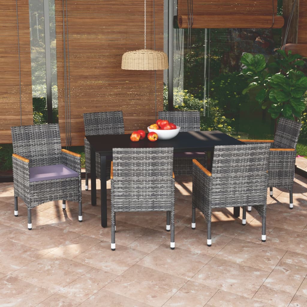 Set da Pranzo per Giardino 7 pz con Cuscini Polyrattan Grigio 3095006