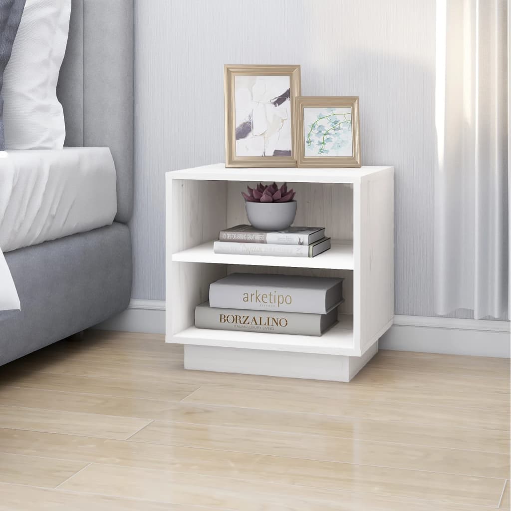 Comodino Bianco 40x34x40 cm in Legno Massello di Pino 813327