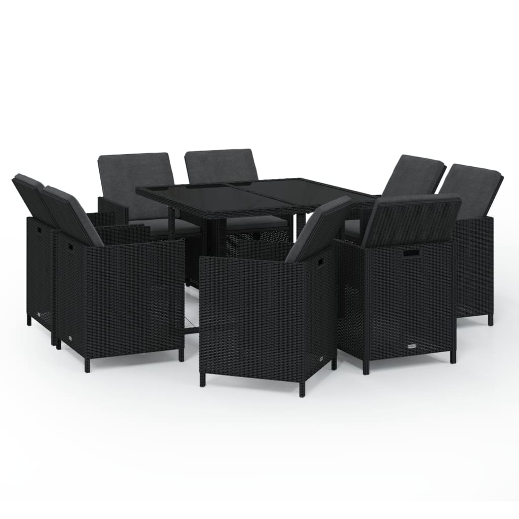 Set da Pranzo da Giardino 9 pz con Cuscini Nero in Polyrattan 3095506