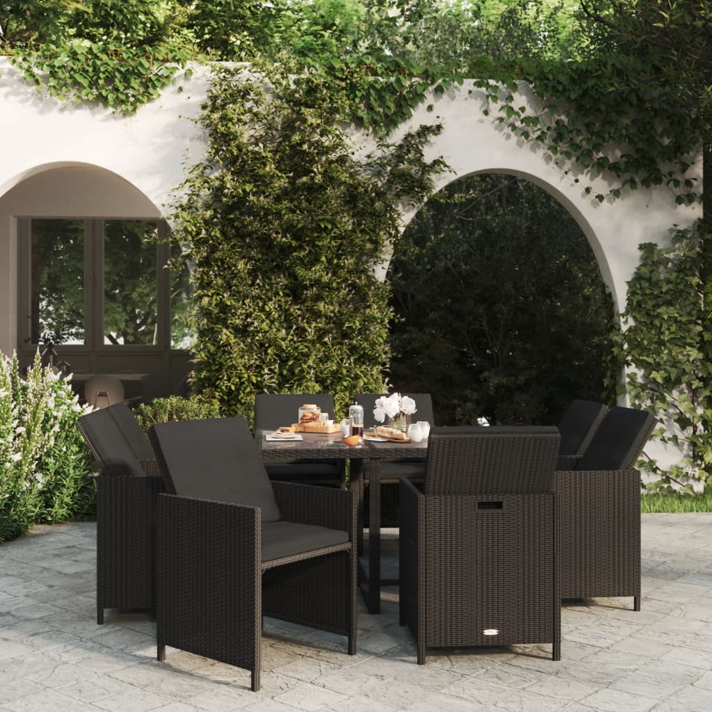 Set da Pranzo da Giardino 9 pz con Cuscini Nero in Polyrattan 3095506