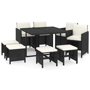 Set da Pranzo da Giardino 9 pz con Cuscini Nero in Polyrattan 3095507