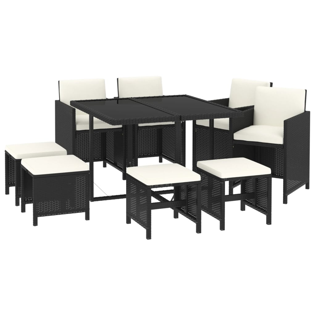 Set da Pranzo da Giardino 9 pz con Cuscini Nero in Polyrattan 3095507