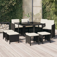 Set da Pranzo da Giardino 9 pz con Cuscini Nero in Polyrattan 3095507