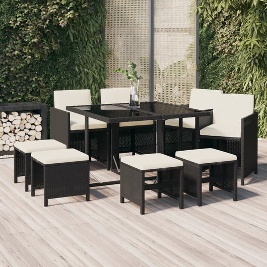 Set da Pranzo da Giardino 9 pz con Cuscini Nero in Polyrattan 3095507