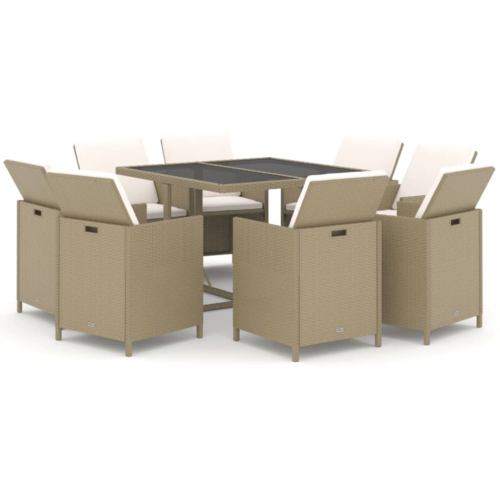 Set da Pranzo per Giardino 9 pz con Cuscini in Polyrattan Beige cod mxl 38594
