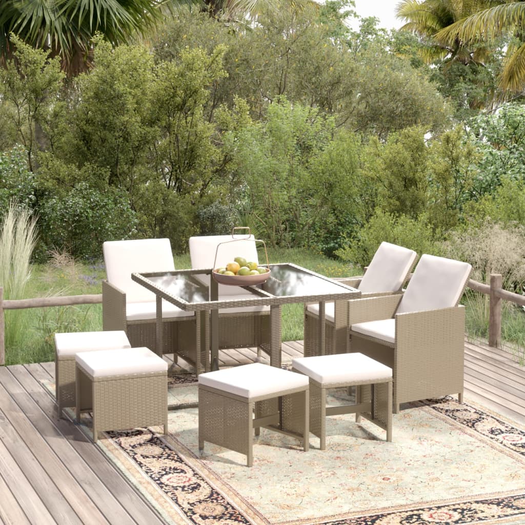 Set da Pranzo da Giardino 9 pz con Cuscini in Polyrattan Beige 3095517
