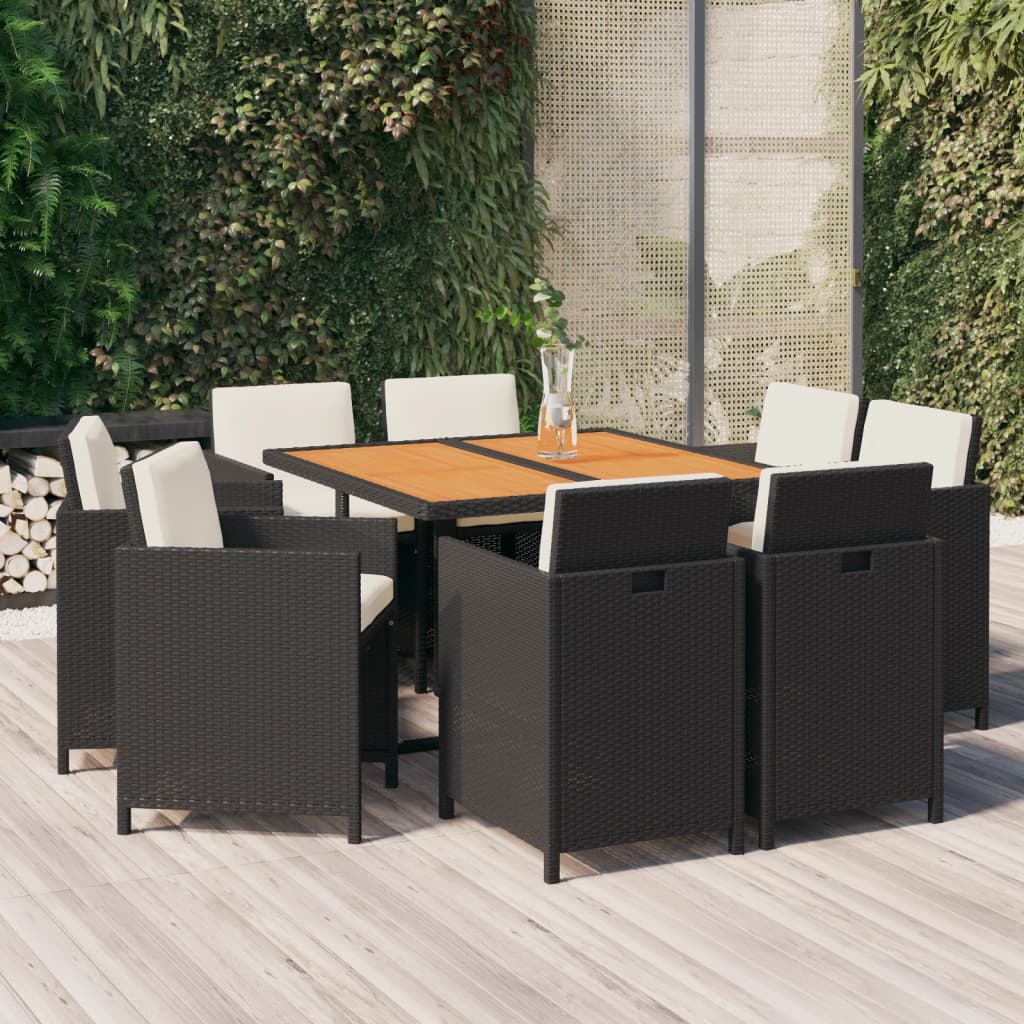 Set da Pranzo da Giardino 9 pz con Cuscini Nero in Polyrattan 3095520
