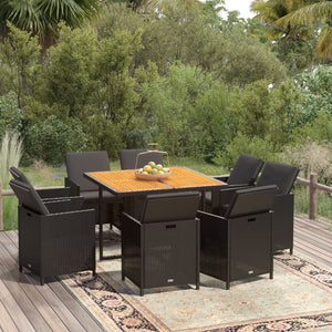 Set da Pranzo da Giardino 9 pz con Cuscini Nero in Polyrattan 3095521