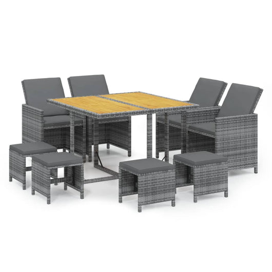 Set Pranzo da Giardino 9 pz con Cuscini in Polyrattan Grigio 3095526