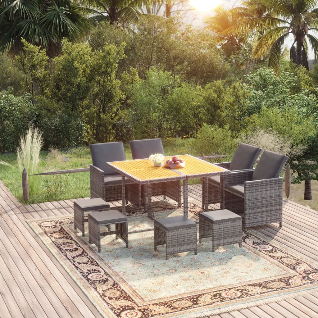 Set Pranzo da Giardino 9 pz con Cuscini in Polyrattan Grigio 3095526