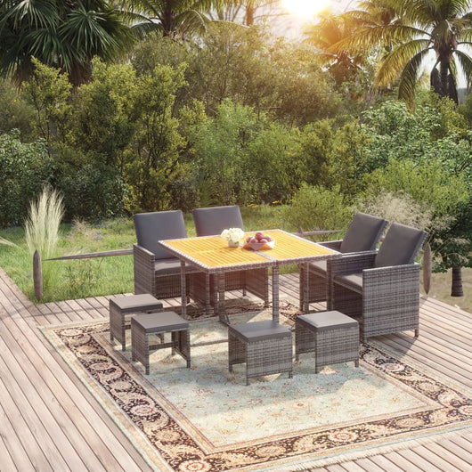 Set Pranzo da Giardino 9 pz con Cuscini in Polyrattan Grigio 3095526