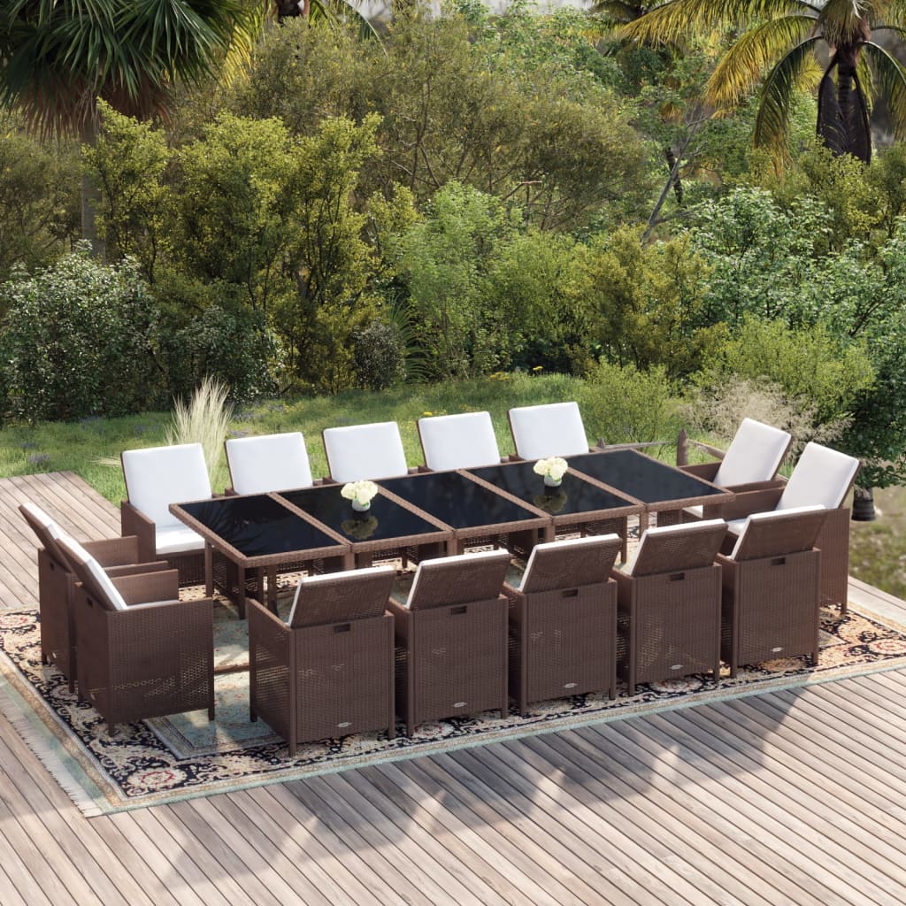 Set da Pranzo Giardino 15 pz con Cuscini in Polyrattan Marrone 3095594