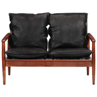 Divano 2 Posti Nero Vera Pelle e Legno Massello Acacia 340924