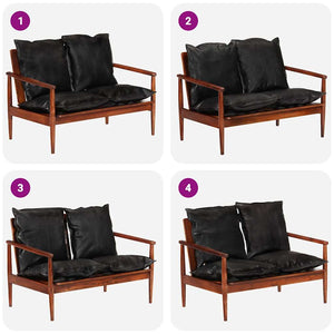 Divano 2 Posti Nero Vera Pelle e Legno Massello Acacia 340924