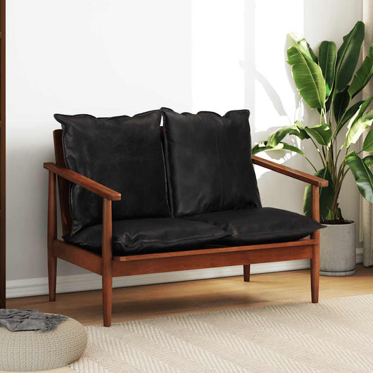 Divano 2 Posti Nero Vera Pelle e Legno Massello Acacia 340924