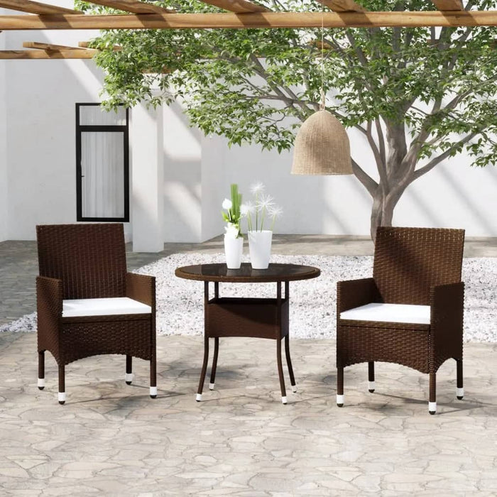 Set Bistrot Giardino 3 pz Polyrattan e Vetro Temperato Marrone