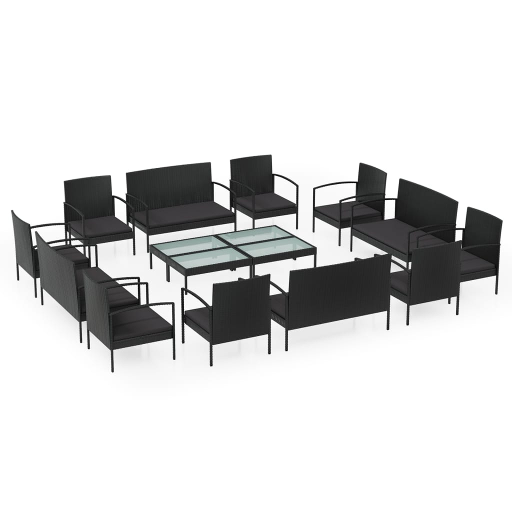 Set Divani da Giardino 16 pz con Cuscini in Polyrattan Nero 3095962