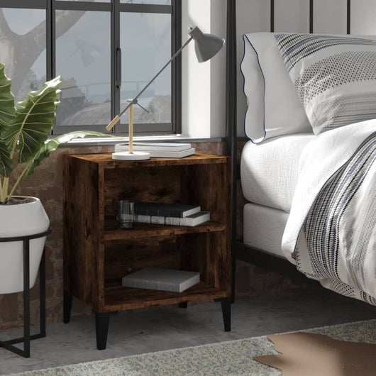 Comodino con Gambe in Metallo-Tavolino da notte Rovere Fumo 40x30x50 cm 650101