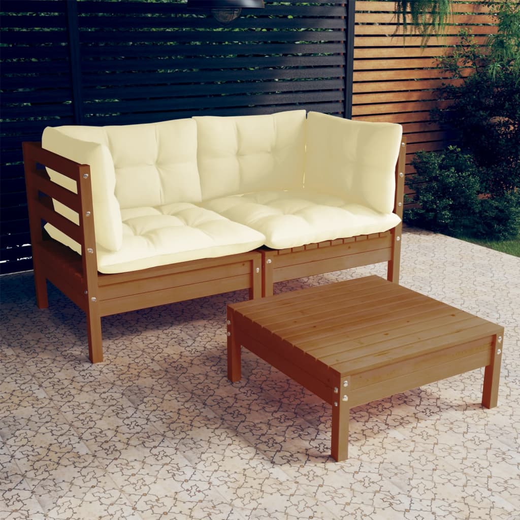 Set Salotto da Giardino 3 pz con Cuscini Crema Legno di Pino 3096019