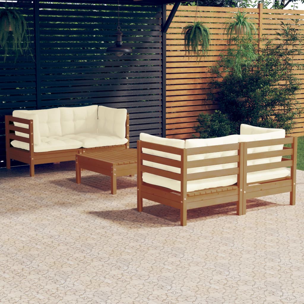 Set Salotto da Giardino 5pz con Cuscini Crema in Legno di Pino 3096025