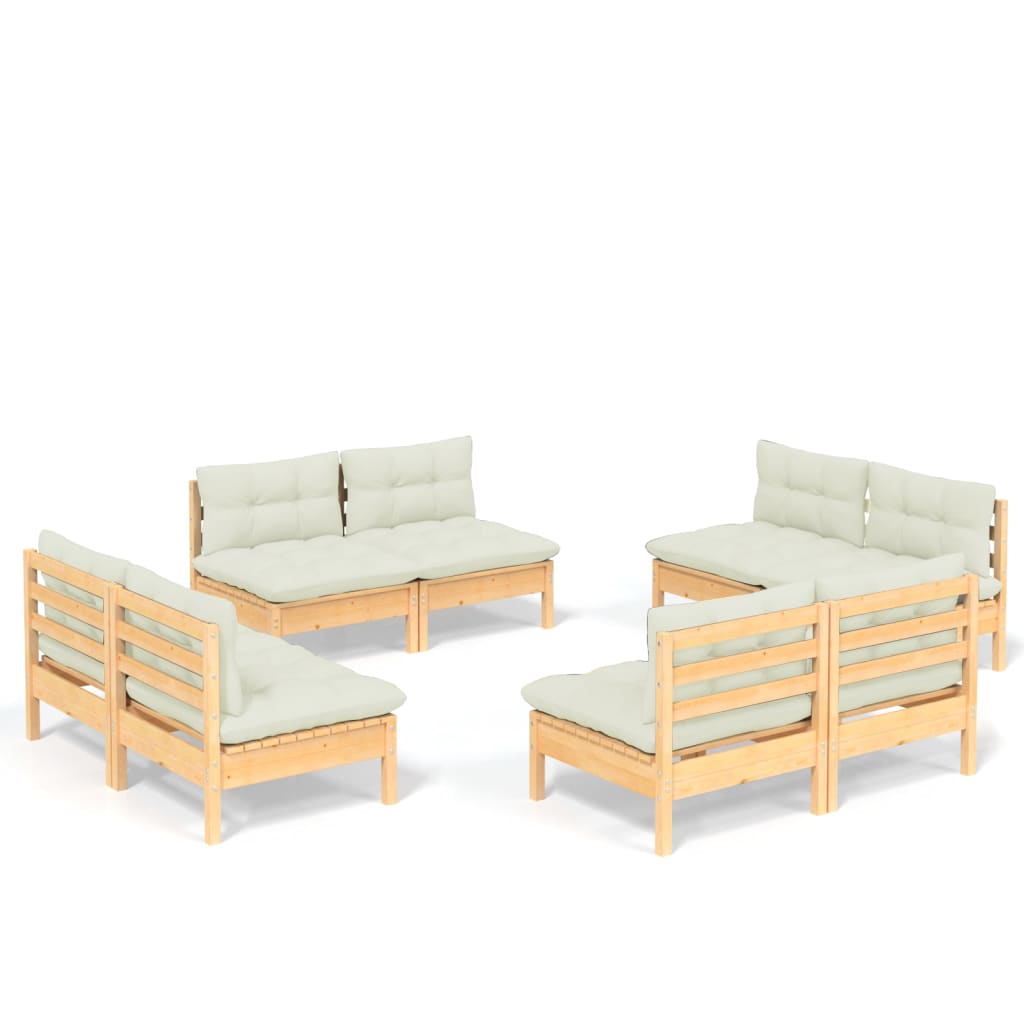 Set Salotto da Giardino 8 pz con Cuscini Crema in Legno di Pino 3096040