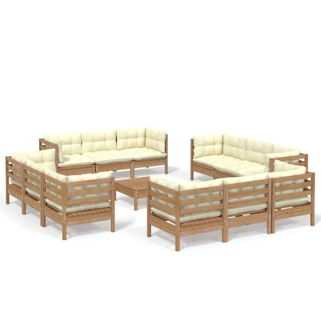 Set Salotto da Giardino 13pz con Cuscini Crema in Legno di Pino 3096073