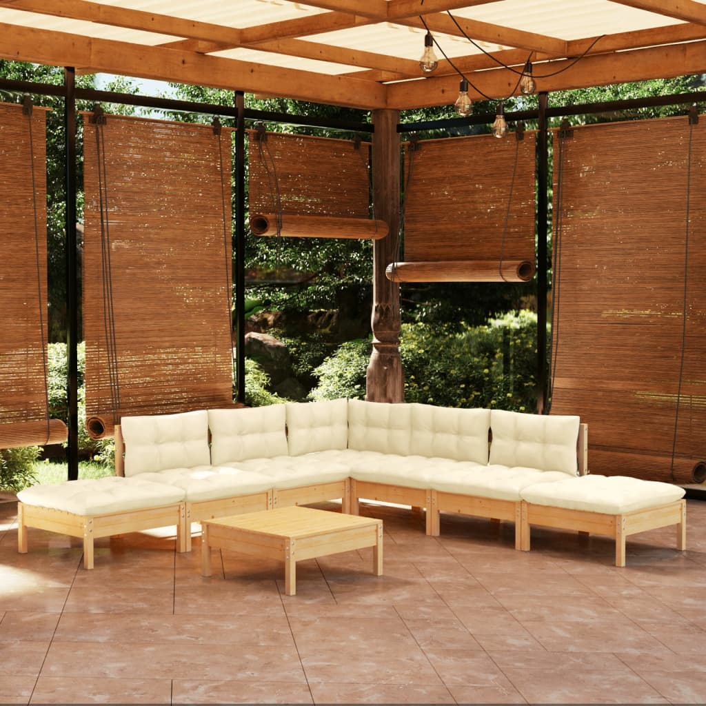 Set Salotto da Giardino 8 pz con Cuscini Crema in Legno di Pino 3096328