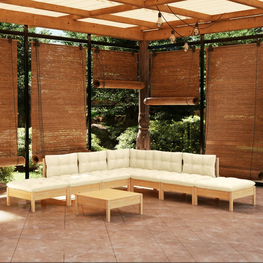 Set Salotto da Giardino 8 pz con Cuscini Crema in Legno di Pino 3096328