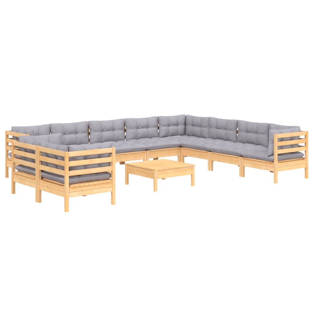 Set Divani da Giardino 11 pz con Cuscini Grigi Massello di Pino 3096916