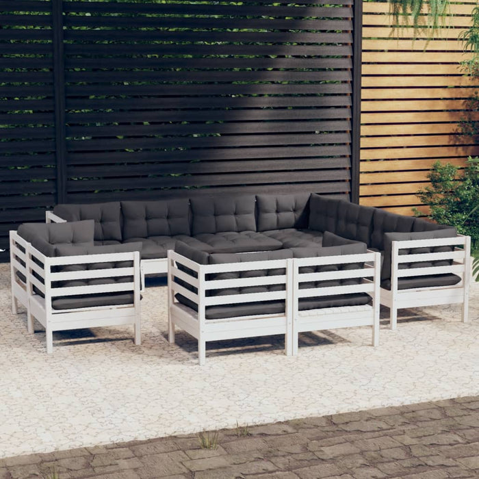Set Divani da Giardino 11 pz con Cuscini Bianchi Legno di Pino 3096936