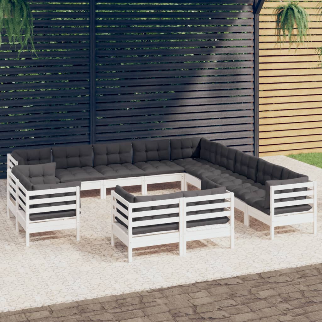 Set Divani da Giardino 13 pz con Cuscini Bianchi Legno di Pino 3096960