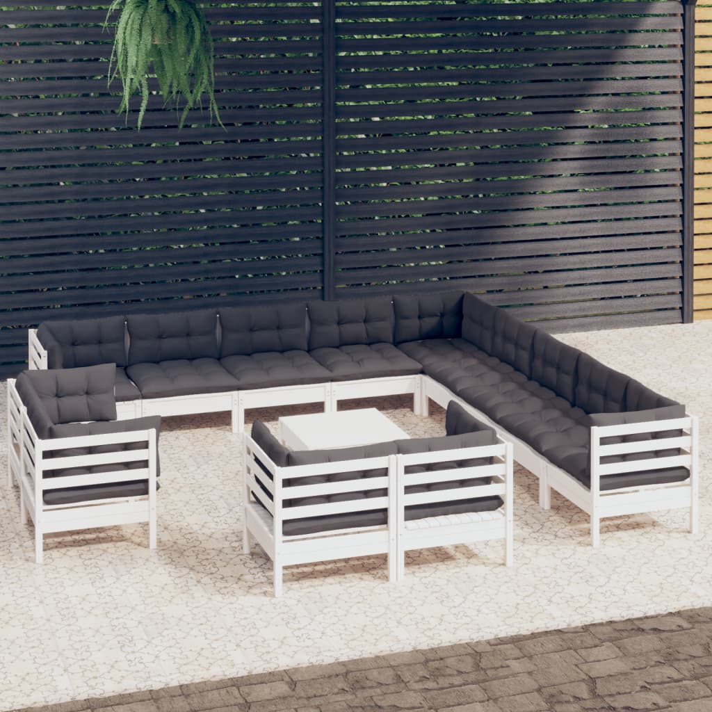 Set Divani da Giardino 14 pz con Cuscini Bianchi Legno di Pino 3096966