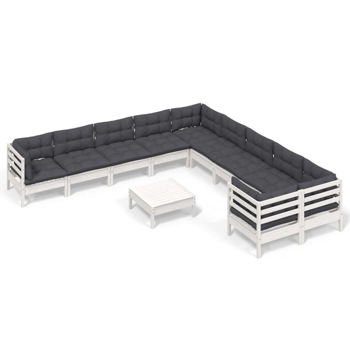 Set Divani da Giardino 11 pz con Cuscini Bianchi Legno di Pino 3097014