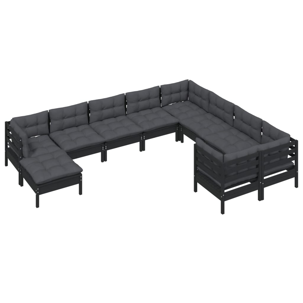 Set Divani da Giardino 10 pz con Cuscini in Legno di Pino Nero 3097035