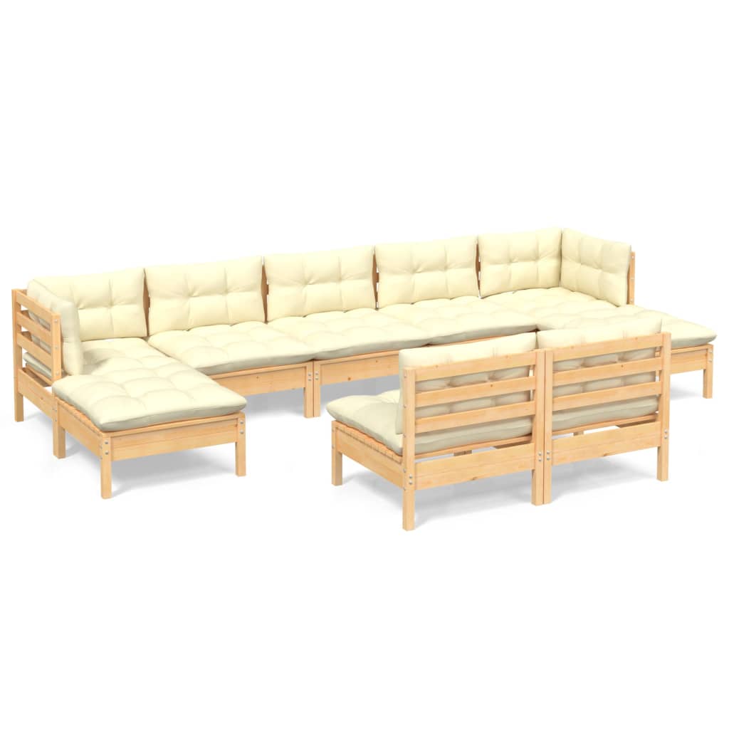 Set Salotto da Giardino 9 pz con Cuscini Crema in Legno di Pino 3097103