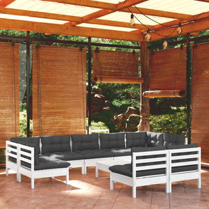 Set Divani da Giardino 10 pz con Cuscini Bianchi Legno di Pino 3097206