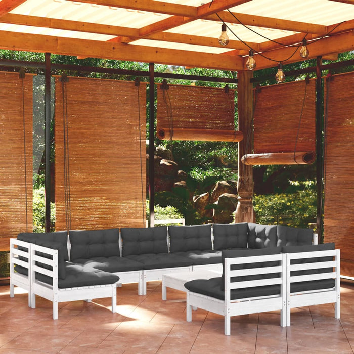 Set Divani da Giardino 10 pz con Cuscini Bianchi Legno di Pino 3097206