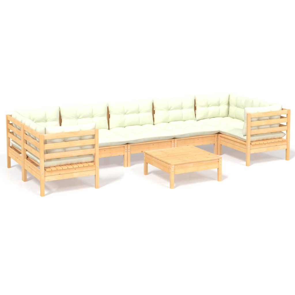 Set Salotto da Giardino 8 pz con Cuscini Crema in Legno di Pino 3097313