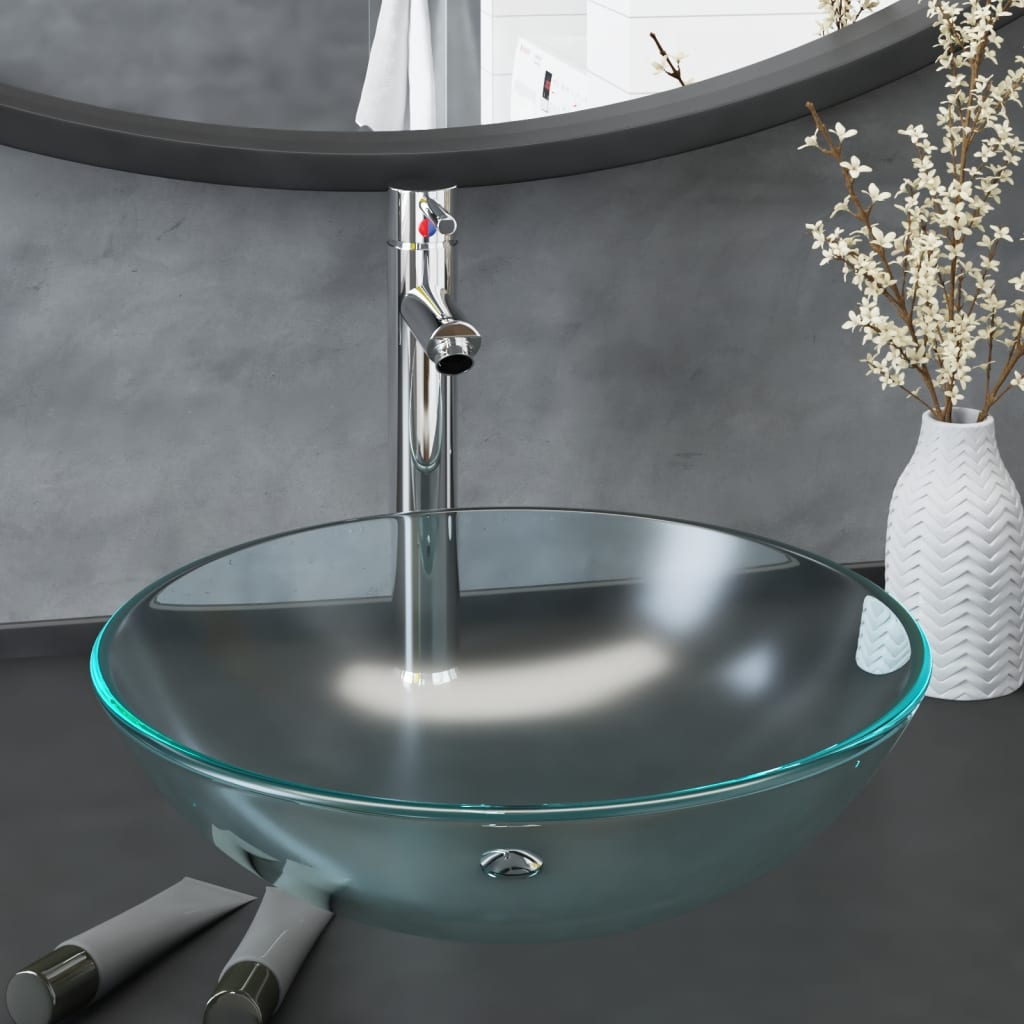 Lavandino con Rubinetto e Piletta-Lavabo-Lavello in Vetro Temperato Satinato 263232
