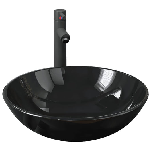 Lavandino-Lavabo-Lavello Bagno con Rubinetto e Piletta in Vetro Temperato Nero 998291