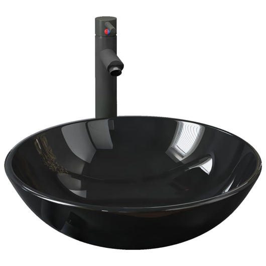 Lavandino da bagno con rubinetto e scarico a saltarello lavabo da appoggio lavabo da bagno lavabo da bagno in vetro diametro 42 cm temperato nero 02_0002857