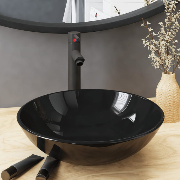 Lavandino Bagno con Rubinetto e Piletta in Vetro Temperato Nero cod mxl 38745
