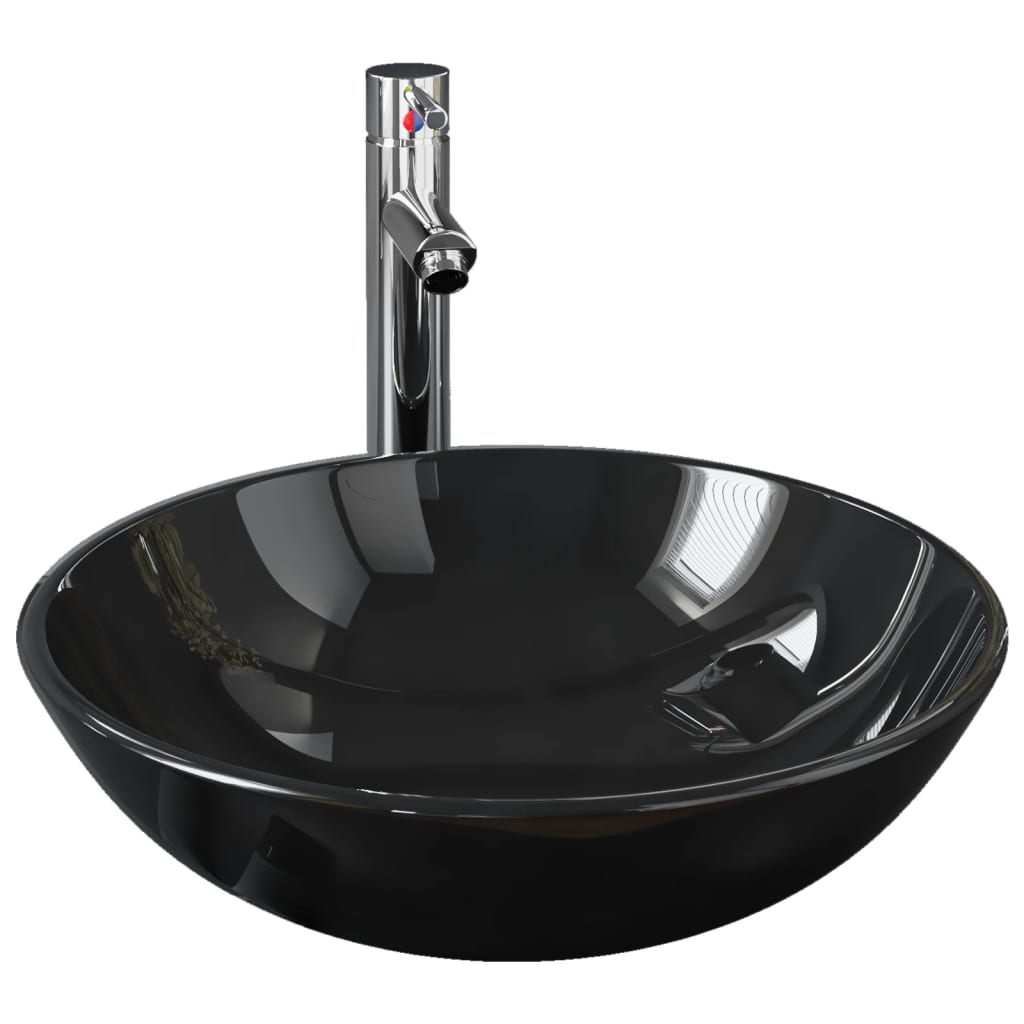 Lavandino Bagno con Rubinetto e Piletta in Vetro Temperato Nero 3098453