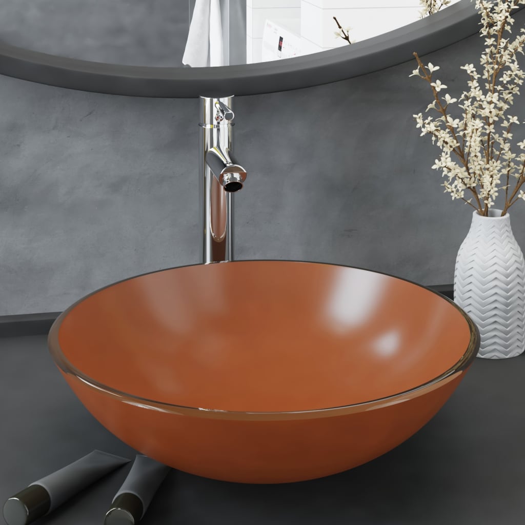 Lavandino con Rubinetto e Piletta-Lavabo-Lavello in Vetro Temperato Marrone 239390