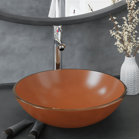 Lavandino con Rubinetto e Piletta-Lavabo-Lavello in Vetro Temperato Marrone 731621